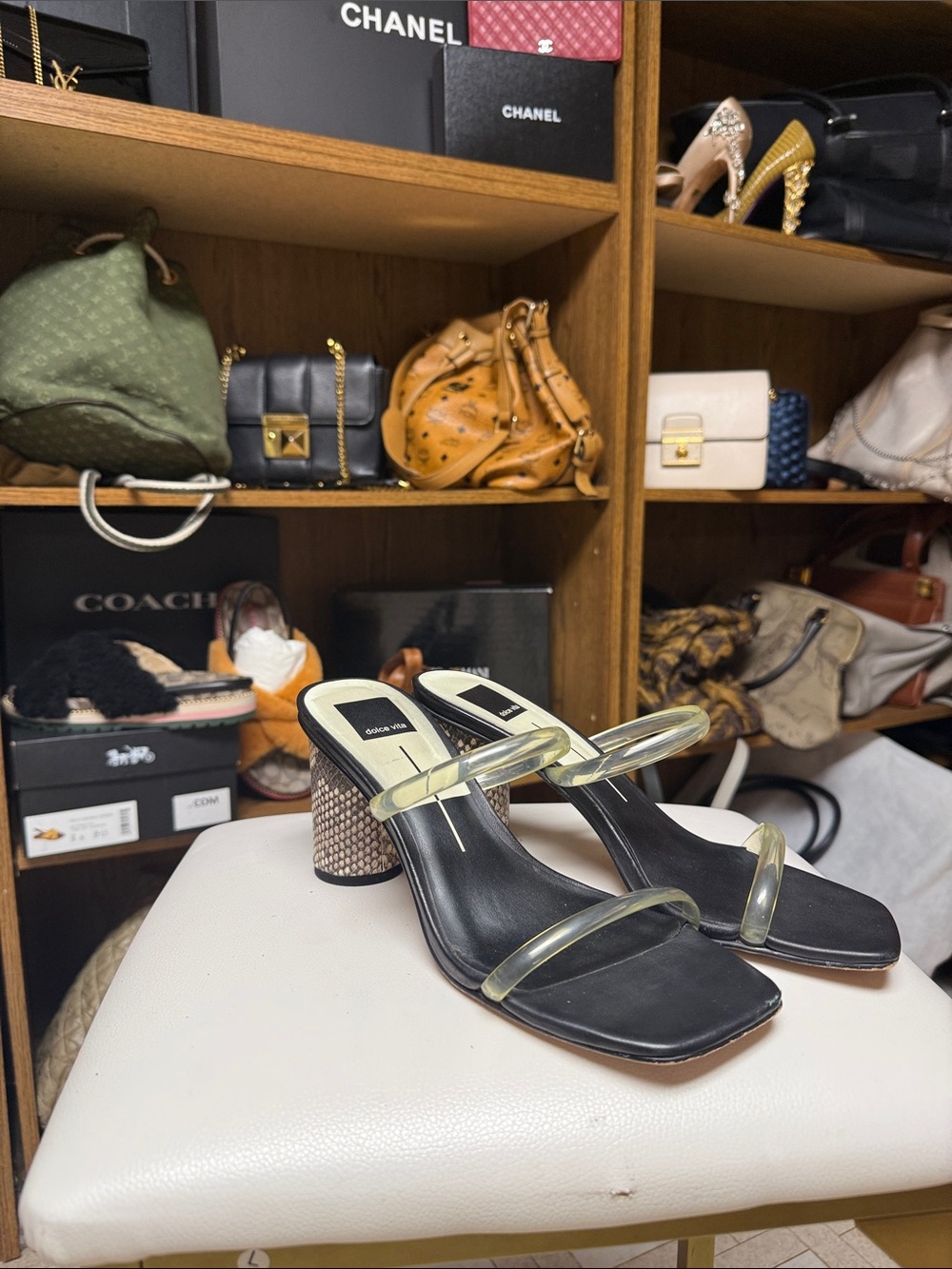 Dolce Vita Black Footbed Clear Strap Tan Textured Block Heel Mules